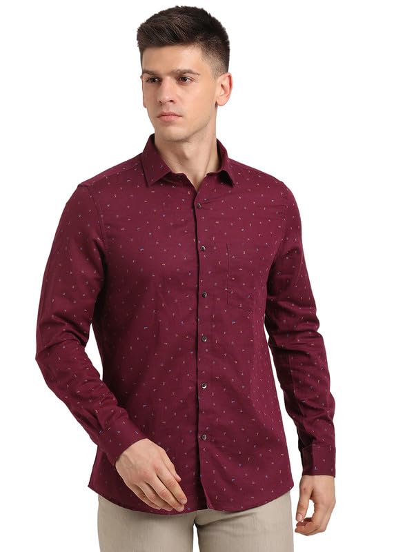 Turtle Men Cotton Linen Slim Fit Formal Shirt Maroon