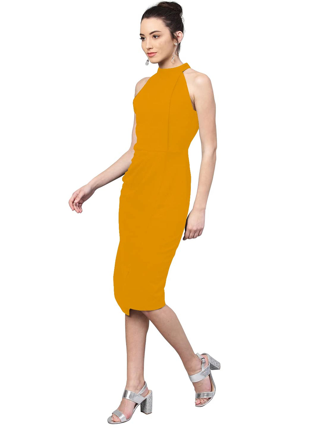 Shasmi Polyester Blend Bodycon Knee-Length WomenS Elegant Halter Neck Pleated Flounce Sleeveless Midi Dress (Dresses For Tops_M