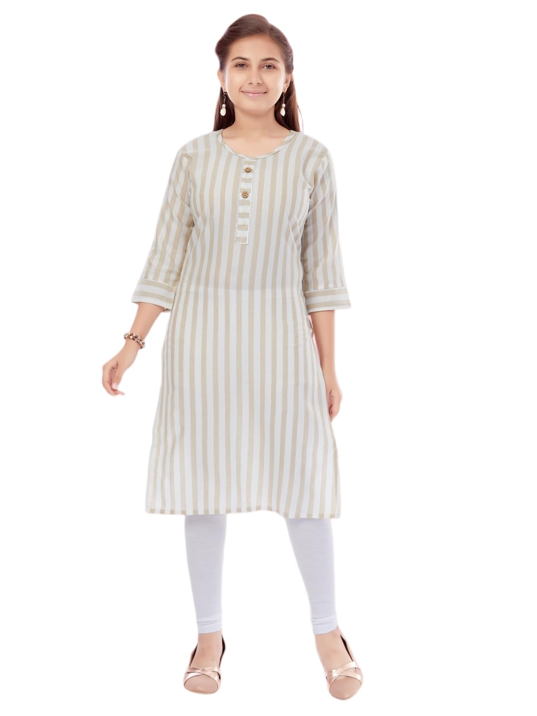 Aarika Girls Beige-White Colour Cotton Striped Kurti Legging Set (Kl-K-10-Cream-White-32)