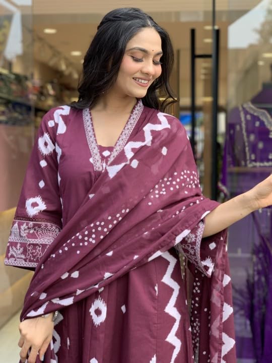 Lookmark WomenS Cotton Blend Zigzag And Dotted Print Kurta Plazzo Set With Dupatta Suitable For Every Indian Occasion (Az-Lm-Og