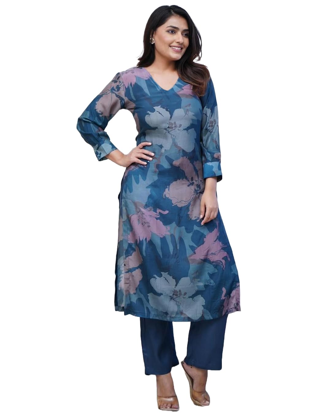 ANNI DESIGNER Womens Rayon Blend Straight Printed Kurta with Pant (KITIMAT Cerosin_3XL_Blue_XXX-Large)