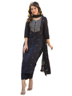 ANNI DESIGNER Womens Rayon Blend Embroidered Straight Kurta with Pant & Dupatta (Kasturi Black_L_Black_Large)