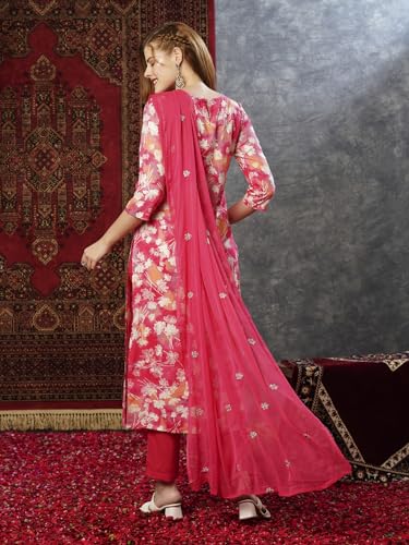 ANNI DESIGNER Womens Cotton Blend Printed Straight Kurta with Pant & Dupatta (Bhadrusha Pink_XXL_Pink_XX-Large)