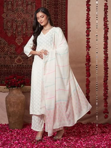 ANNI DESIGNER Womens Rayon Viscose Printed Straight Kurta with Pant & Dupatta (Mirai WHITE-VKS03_M_White_Medium)
