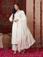 ANNI DESIGNER Womens Rayon Viscose Printed Straight Kurta with Pant & Dupatta (Mirai WHITE-VKS03_M_White_Medium)