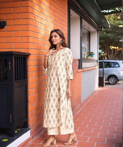 ANNI DESIGNER Womens Rayon Viscose Straight Printed Kurta with Palazzo (Tangro Cream_S_Cream_Small)