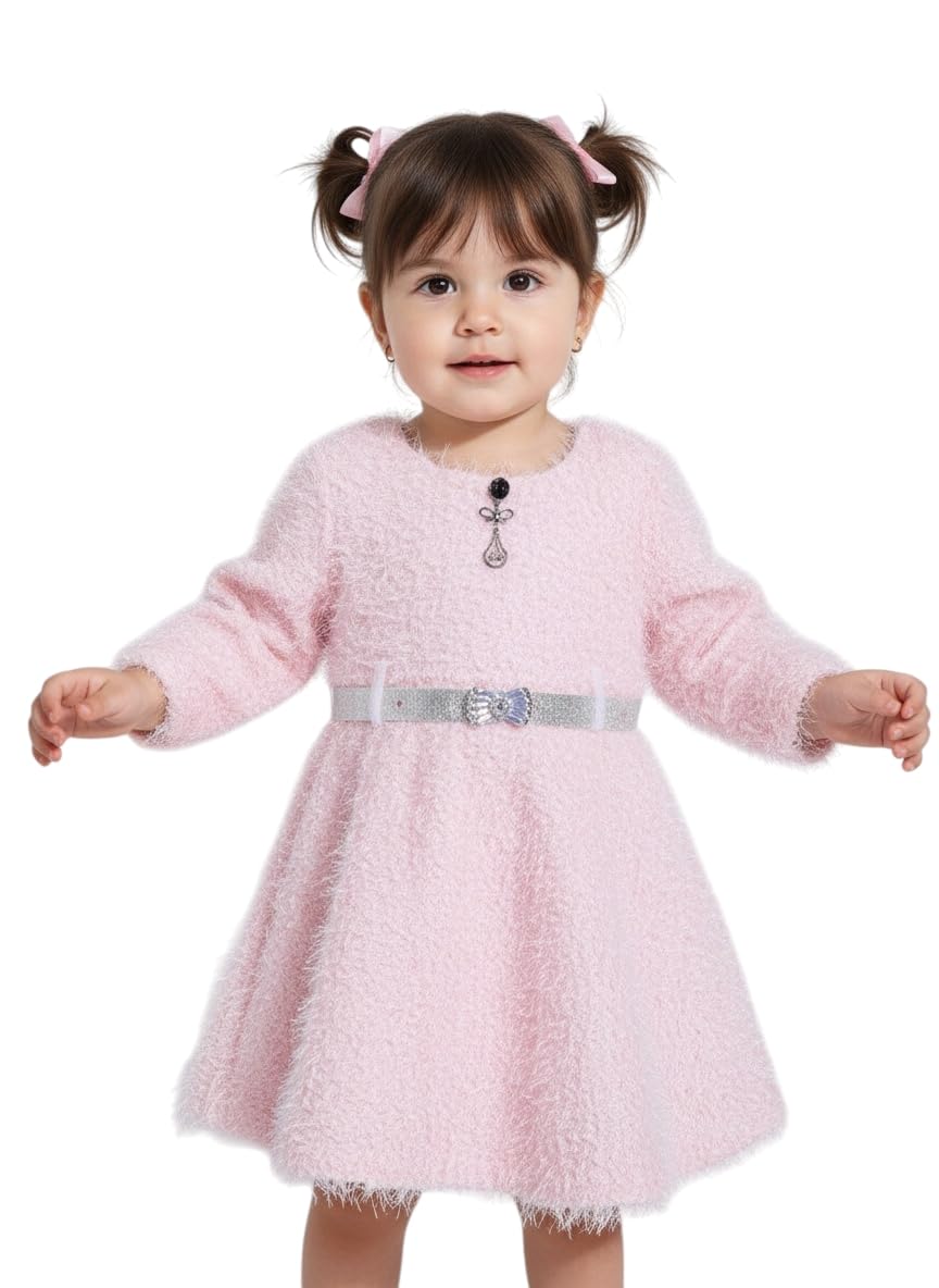 Aarika Girls Pink Colour Solid Winter Woolen Dress With Belt-(3-9 Years)-(Oct_Dr-10365-Pink-26)