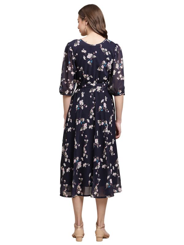 Preneum WomenS Maxi Fit & Flare Latest Style Print Georgette Regular Sleeves Casual |Summer Festival & Occasion Maxi Gown,Dark