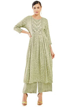 Soch Womens Sap Green Rayon Pleated Printed Kurta Set With Palazzo And Embellishments