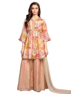 White Button New Peplum Cream Flower Kids Sharara Set For Girl Dress