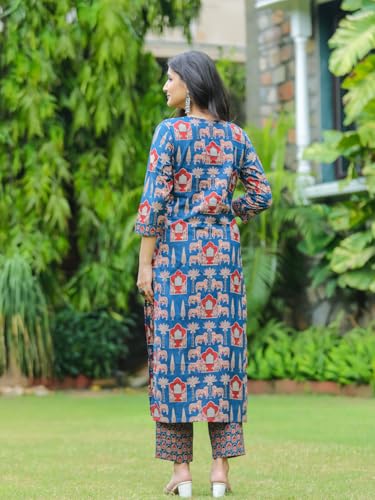 ANNI DESIGNER Womens Cotton Blend Straight Printed Kurta with Pant (Kagali Blue_S_Blue_Small)
