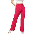 Kotty Womens High Rise Viscose Rayon Solid Trousers Rani Pink