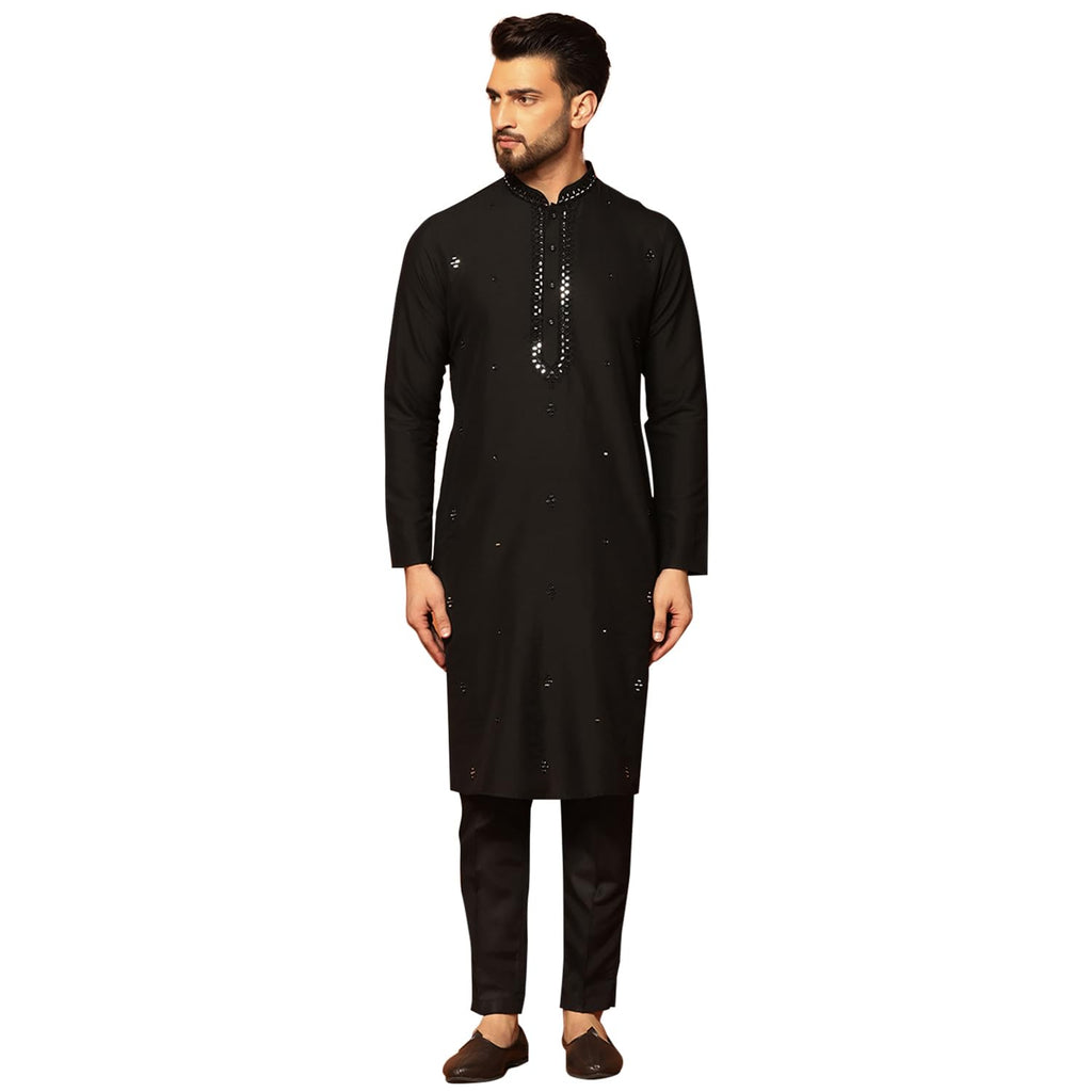 Kisah MenS Black Kurta Trouser Set Cotton, Full Sleaves, Knee Length, Straight, Regular Fit, Mandarin Collar Ethnic Wear