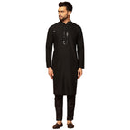 Kisah MenS Black Kurta Trouser Set Cotton, Full Sleaves, Knee Length, Straight, Regular Fit, Mandarin Collar Ethnic Wear