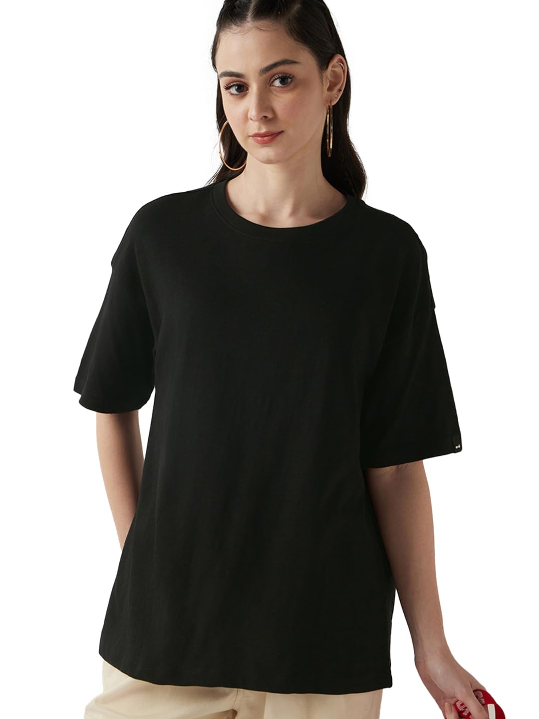 Bewakoof Air 1.0 Womens Solid Oversized Half Sleeve Round Neck Cotton Slub T-Shirt_611045_Pink_XS