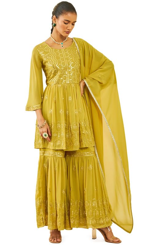 Soch Women Georgette Embroidered Sharara Suit Set with Faux Mirror Work