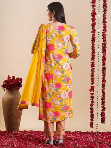 ANNI DESIGNER Womens Rayon Blend Straight Printed Kurta with Pant & Dupatta (GANITA MUSTARD-VKS01_XL_Mustard_X-Large)
