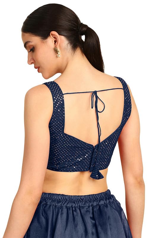 Soch Womens Navy Blue Sequinned Sweetheart Neck Georgette Padded Blouse