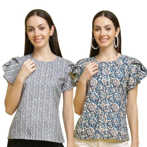 Pinkmint Combo Tops for Women Stylish Ruffle Trim Petal Sleeve Tops (Pack of 2)