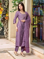 ANNI DESIGNER Womens Rayon Viscose Straight Embroidered Kurta with Pant & Dupatta (PARIMALA Purple_S_Purple_Small)
