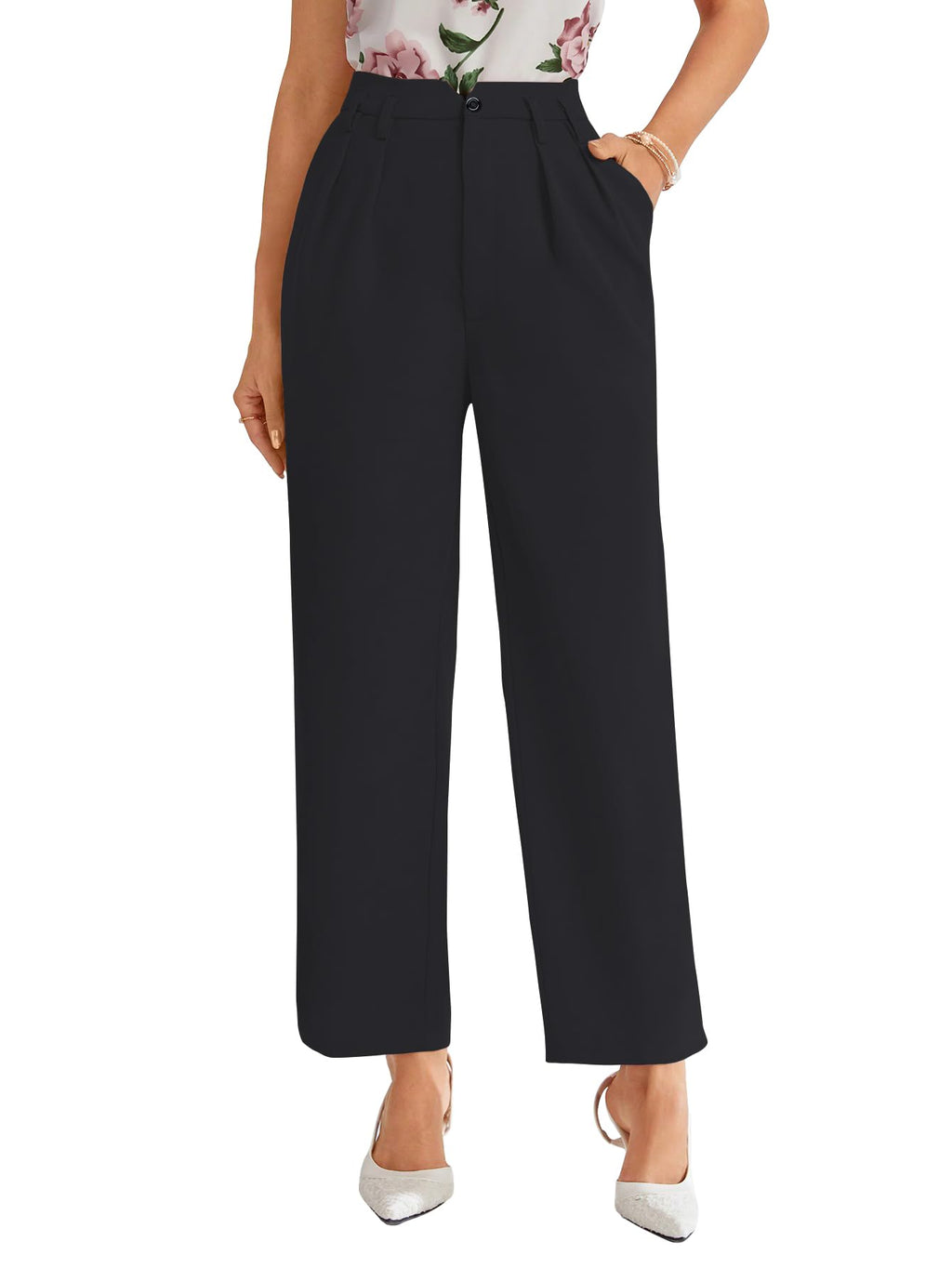 Shasmi Womens Black High Waist Pleated Straight Leg Trousers  Elegant Solid Color Work Pants with Pockets, Casual Office Wear Po