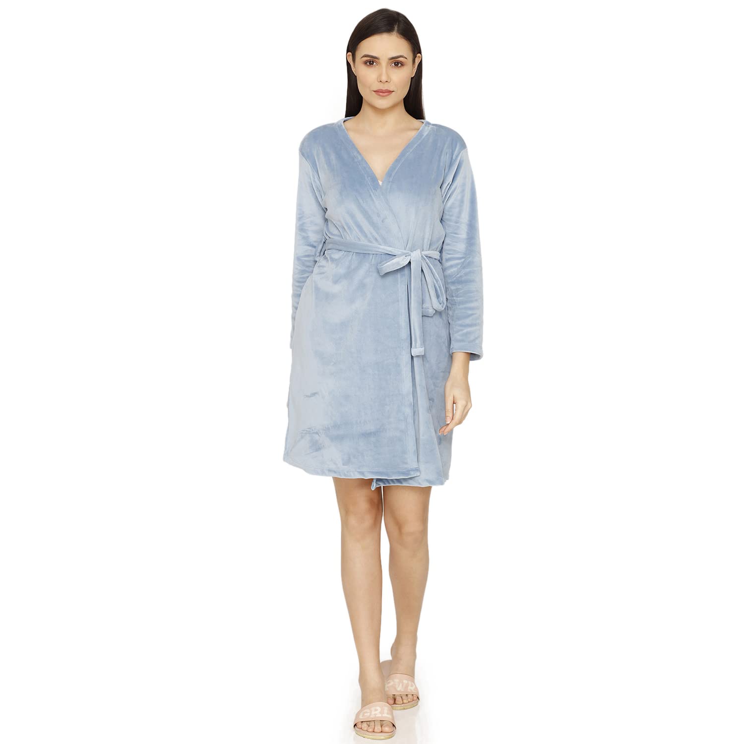 Zivame Velour Knit Poly Robe For Women - Blue Shadow