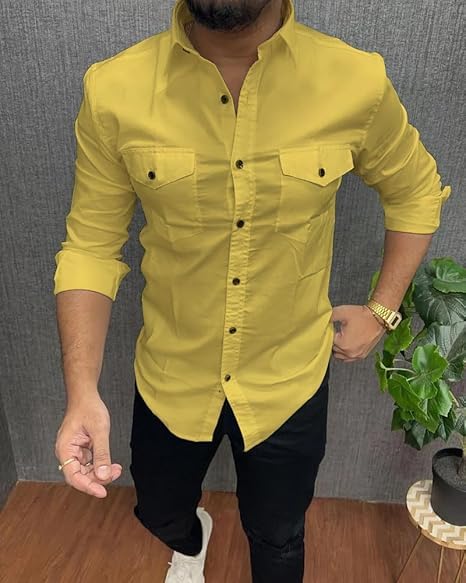 Rebelify Double Pocket With Flap Men Cargo Cotton Shirt Yellow