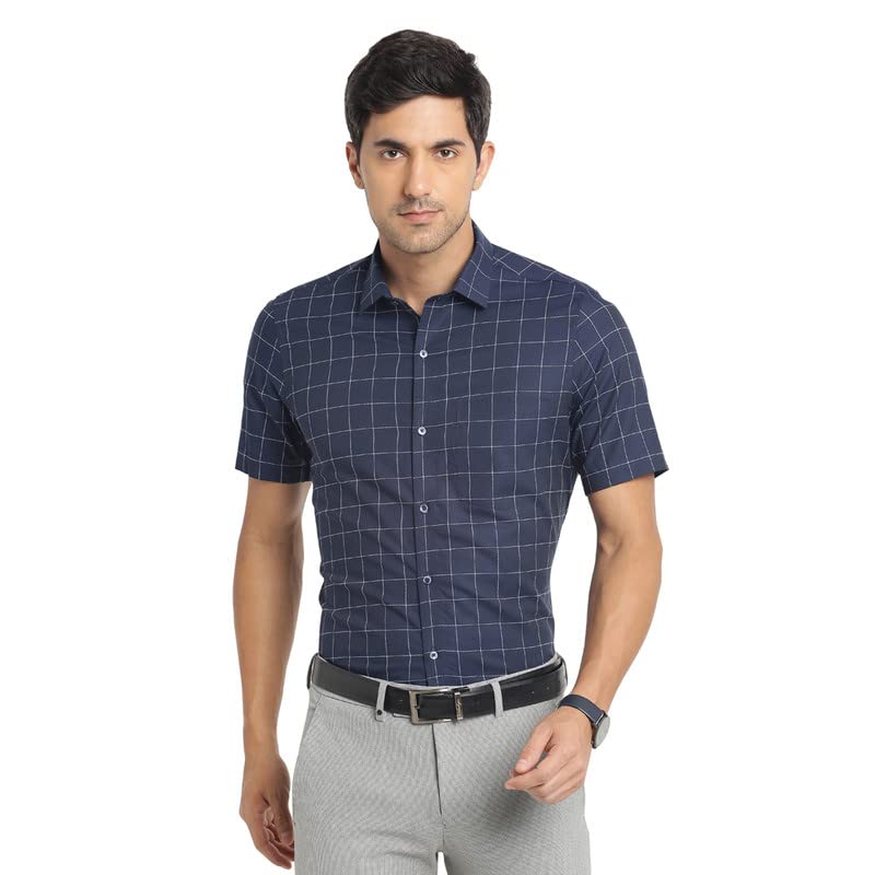 Turtle Men Pure Cotton Dark Blue Checked Regular Fit Formal Shirts