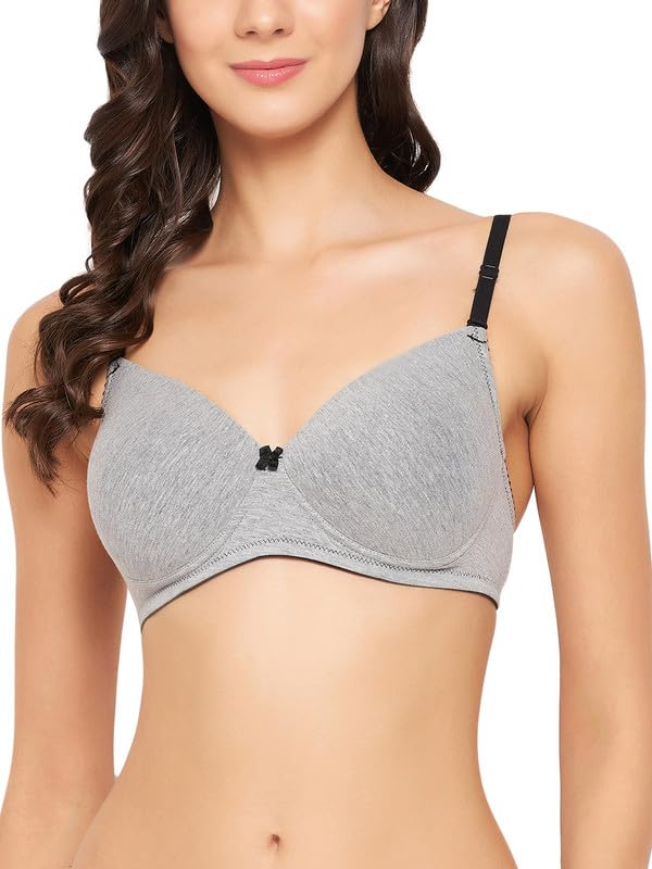 Clovia Womens Cotton Printed Lightly Padded Full Cup Wire Free T-Shirt Bra (BR1051N01_Grey_34D)