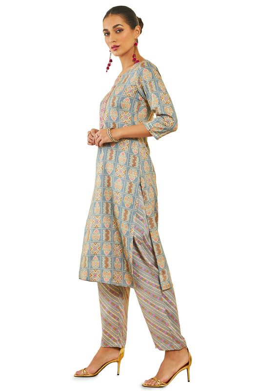 Soch Womens Grey Rayon Floral Print Round-Neck Straight Kurta Set