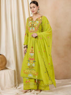 Wedani Goergette Embroidered Kurta Set For Women Green
