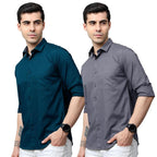 Tee Projekt Cotton Shirt for Men ll Front Pocket Shirt ll Stylish Long Sleeve Shirt ll Soild Regular Fit (Pack of 2) Teal-Grey