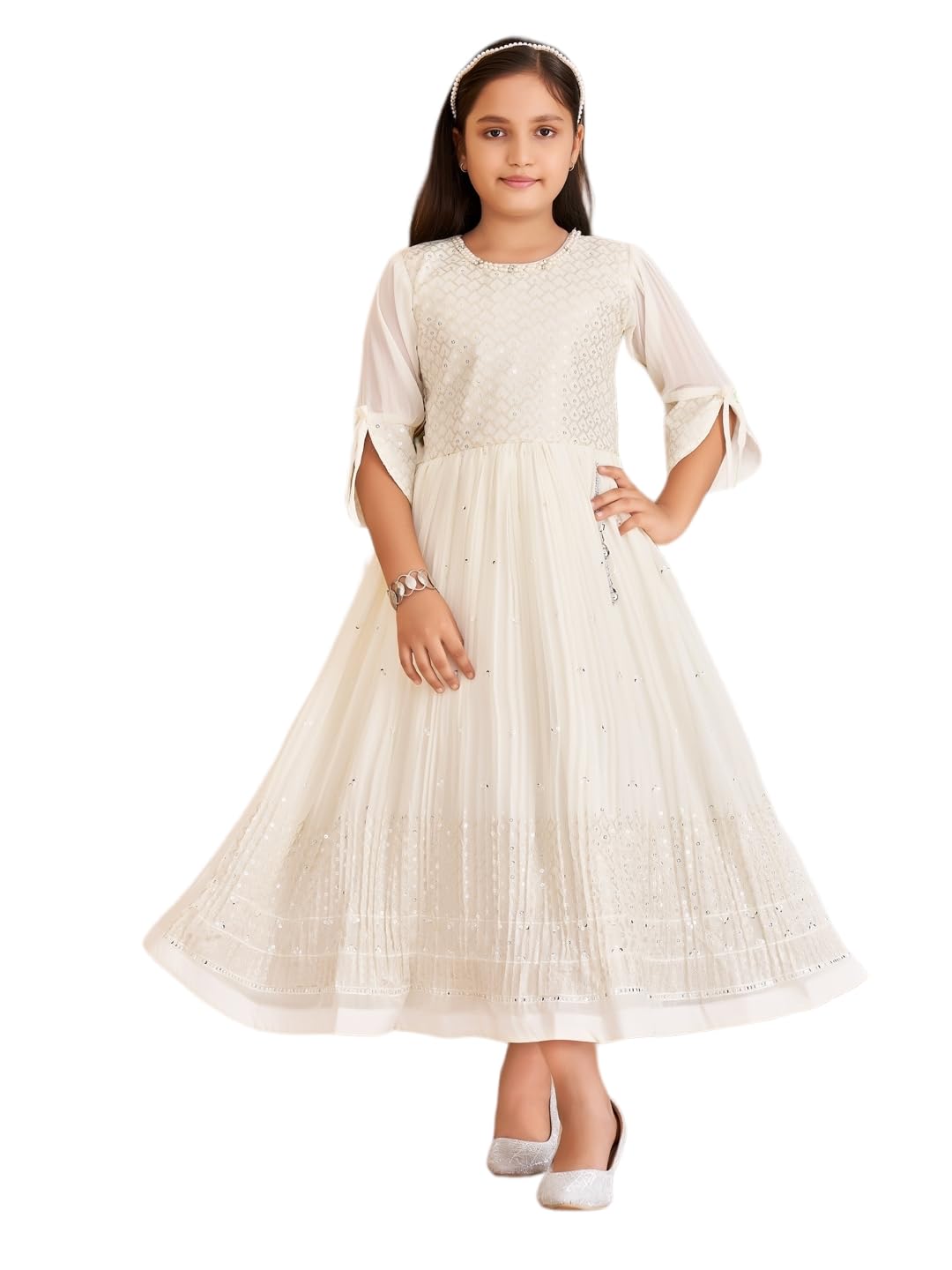 Aarika Girls Ethnic Wear Cream Colour Sequin-Beads-Embroidery Georgette Gown (3-9 Years)