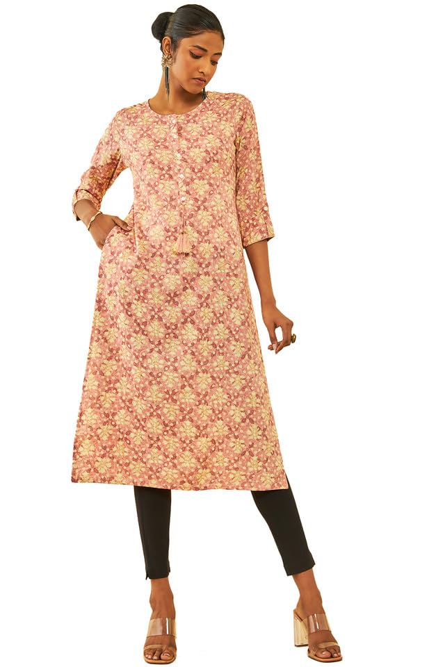 Soch Women Rayon Floral Printed Roll-Up Sleeves Kurta with Tassels
