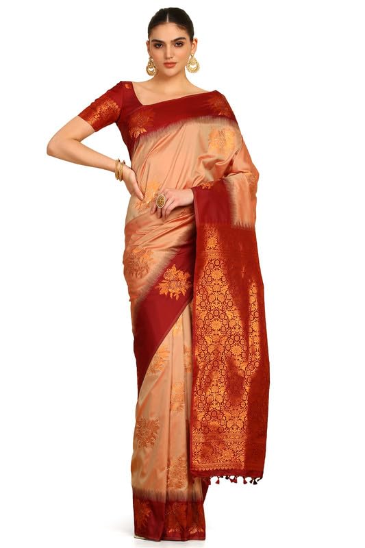 Soch Women Floral Zari Woven Design Silk Blend Saree with Tassels