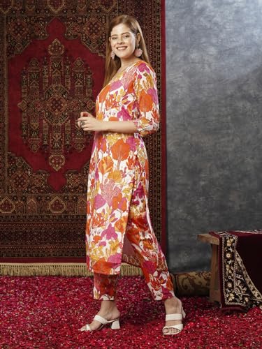ANNI DESIGNER Womens Cotton Blend Straight Printed Kurta with Pant (Samlok Pink_S_Pink_Small)
