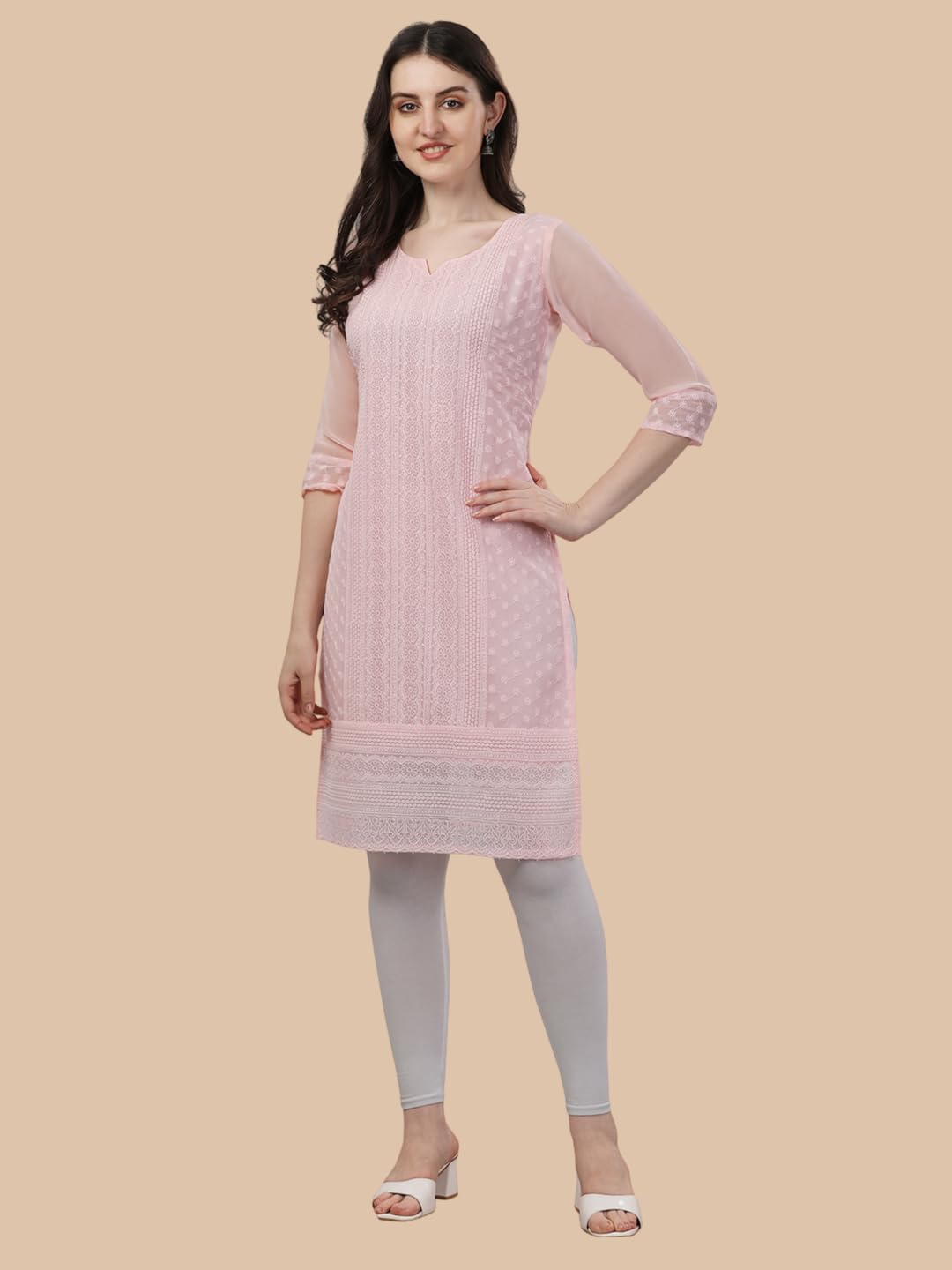 Trillmixa WomenS Georgette Chikankari Embroidery Knee-Length Kurti