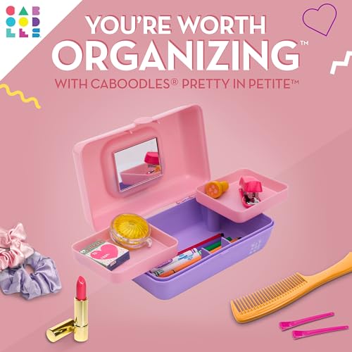 Caboodles Pretty in Petite Makeup Box, Two-Tone Pink on Lavender, Hard Plastic Organizer Box, 2 Swivel Trays, Fashion Mirror, Se