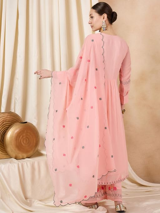 Wedani Goergette Embroidered Kurta Set for Women Peach
