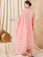 Wedani Goergette Embroidered Kurta Set for Women Peach