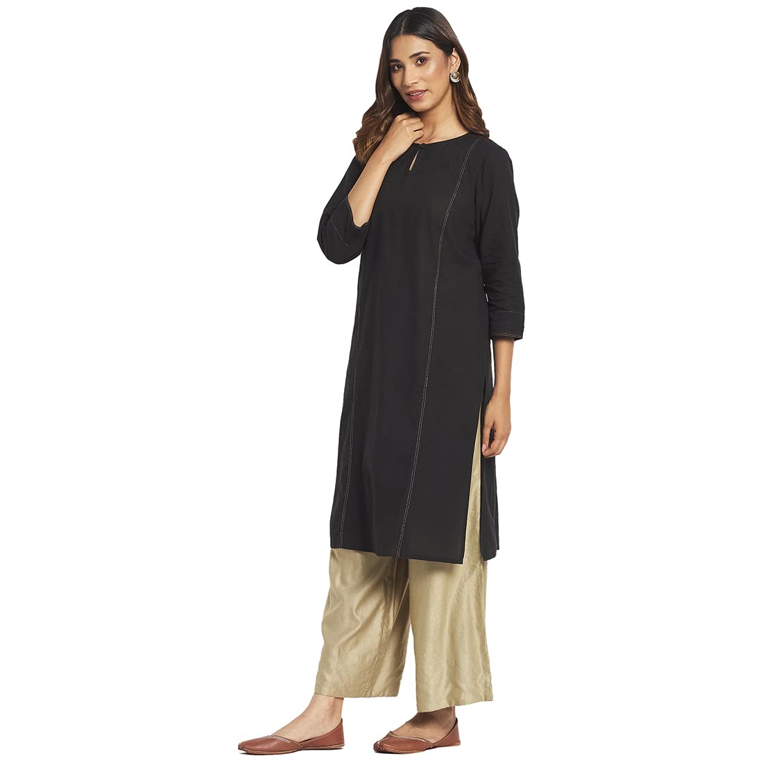 Fabindia Women Cotton Round Neck Knee Length Kurta Black