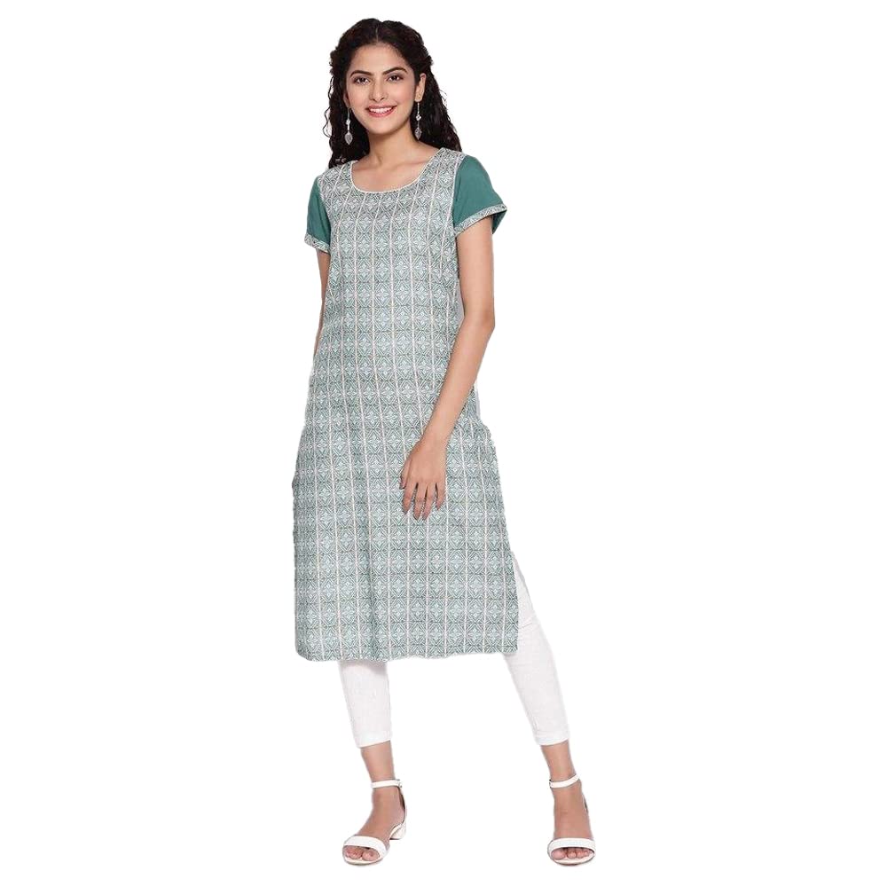 Aurelia Round Neck Cotton Womens Knee Length Kurta (S21Aua11871D003,Green,Medium)