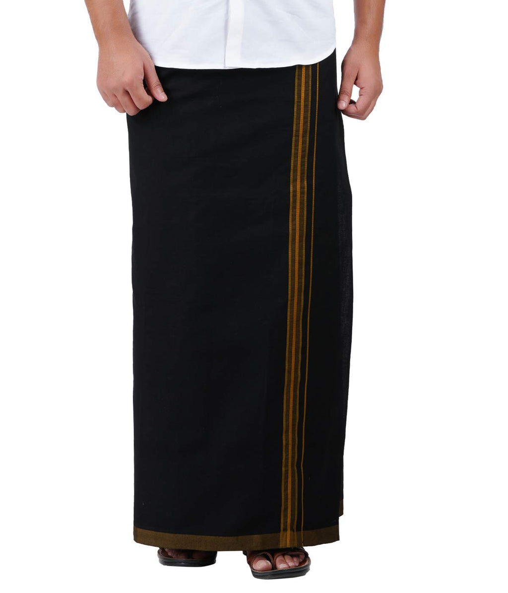 Prakasam Cotton Mens Black Colour Fancy Border Welcro Pocket Dhoti (Himfan-Black)