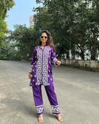 ANNI DESIGNER Womens Cotton Blend Straight Chikankari Embroidered Kurta with Palazzo (LKO Purple-NSC_M_Purple_Medium)