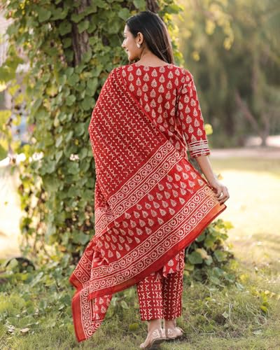 ANNI DESIGNER Womens Rayon Blend Straight Printed Kurta with Pant & Dupatta (MAASA RED_S_Red_Small)