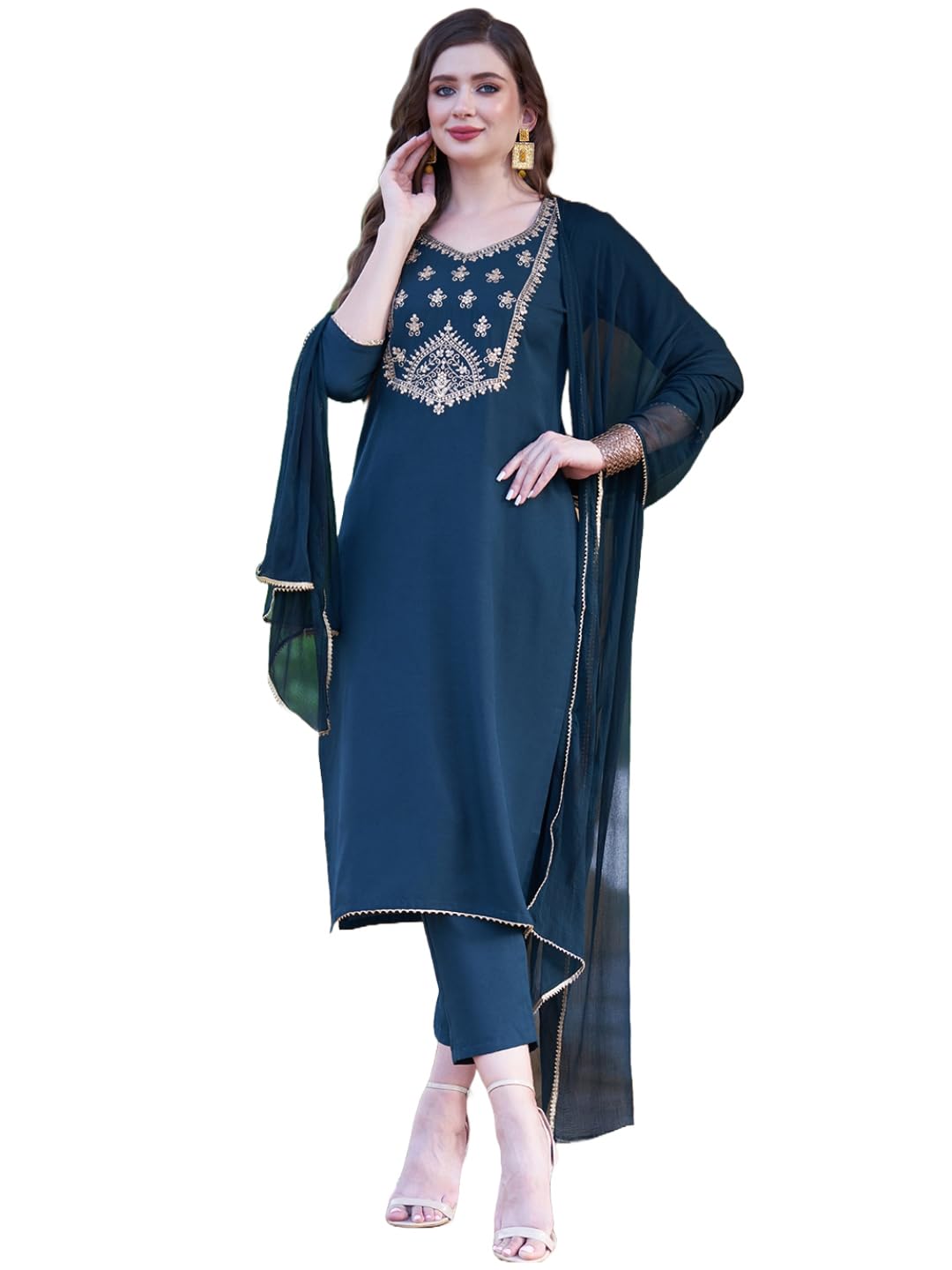 Gosriki Women'S Cotton Blend Embroidered Straight Kurta With Pant & Dupatta (Bgm Kerosin-Gs_Xl_Dark Blue_X-Large)