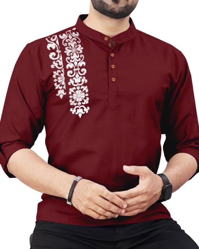 Finivo Fashion MenS Cotton Blend Kurta Style Shirt | Mandarin Collar Long Sleeve Casual Ethnic Shirt With Button Placket | Styl