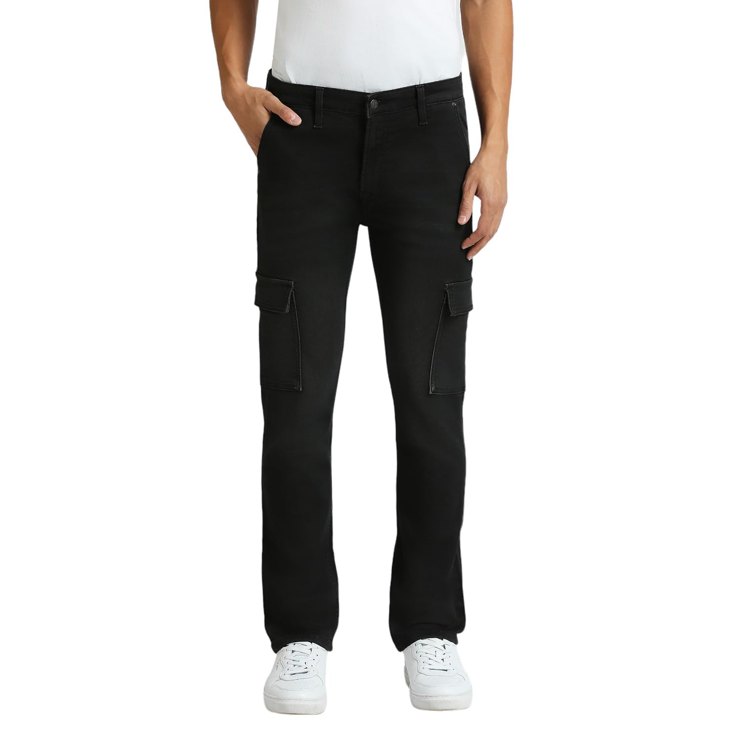 Cargo Straight Mid Rise Black Jeans