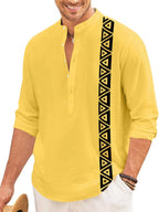 Finivo Fashion MenS Short Kurta With Printed Geometric Side Panel | Cotton Blend Full Sleeve Ethnic Topwear With Mandarin Collar