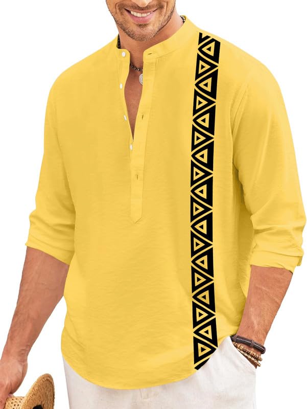 Finivo Fashion MenS Short Kurta With Printed Geometric Side Panel | Cotton Blend Full Sleeve Ethnic Topwear With Mandarin Collar